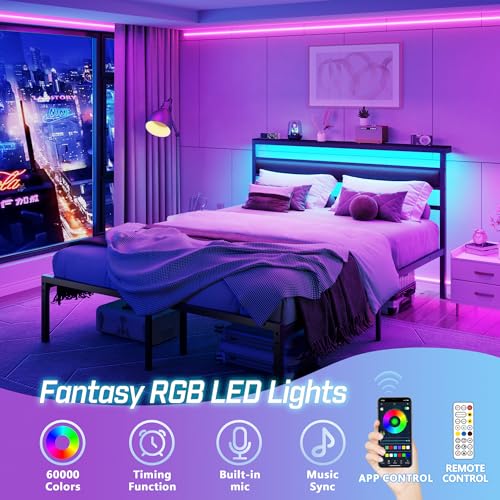 Image of Ourpic Queen Bed Frame with Led Lights and Charging Station, Bed Queen Size Frame with Headboard and Under Bed Storage, Black Metal Platform Bedframe and Storage Shelf, Easy Install