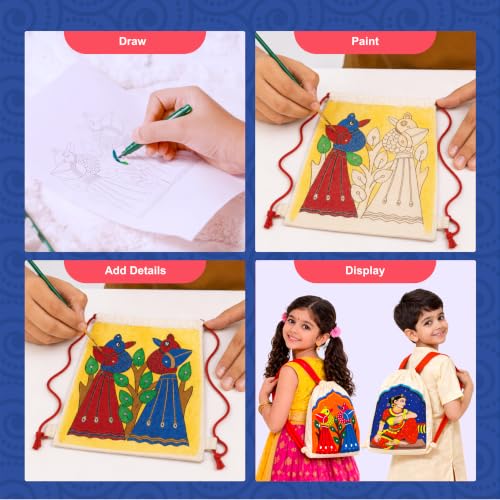 Image of Kores Craft & Carry Pattachitra Art Kit for Kids | DIY Indian Art Canvas Bag Painting Kit | Dual-Sided Drawstring Bag | Acrylic Colours, Sketch Pens, Fabric Glue, Beads, Brushes & Manual | Age 6-99