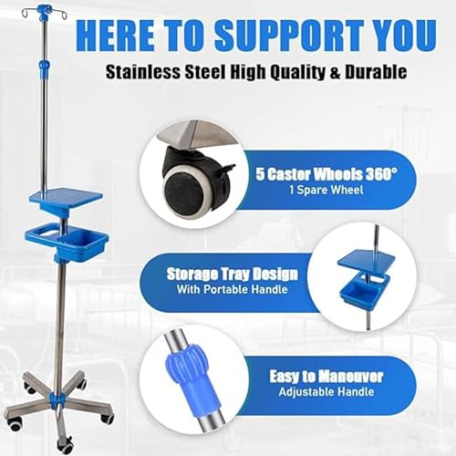 Reykilor Medical IV Pole with Wheels, 60\" to 78\" Adjustable Height IV Stand with Tray, Stainless Steel IV Pole Portable 5-Leg IV Pole with 4 Hooks for Hospital & Home IV Therapy