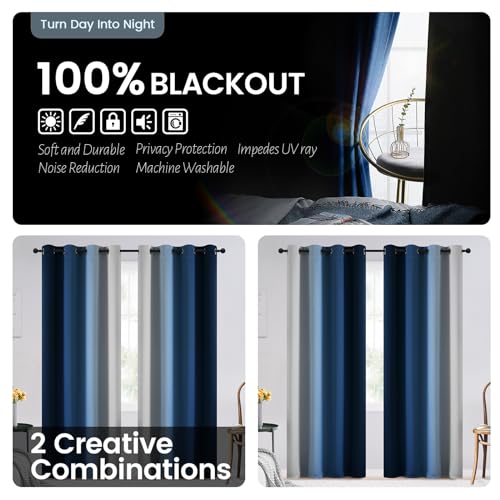Image of SimpleHome 100% Blackout Ombre Bedroom Curtains Blue and Greyish White,72L | Room Darkening Curtains,Thermal Insulated Grommet Window Drapes and Curtains for Living Room,2 Panels, 52x72 inches Length