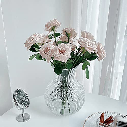 Clear Crystal Glass Flower Vase With Trumpet Mouth, Embossed Textured Decorative Vases, Vintage Ribbed Round Ball Vase-Elegant Centerpiece For Modern Home Décor(6.3" Diameter X 7.9" Tall) #TOP6