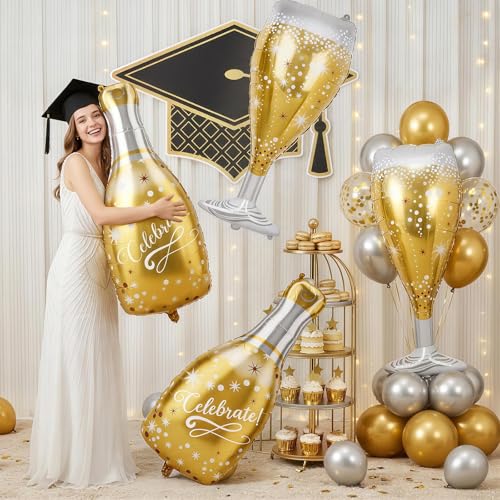 Image of 4PCS Champagne Balloons, Gold Champagne Bottle Balloons and Champagne Glass Helium Foil Balloon for Birthday Bachelorette Engagement Wedding Bridal Shower Graduation Anniversary Party Decorations