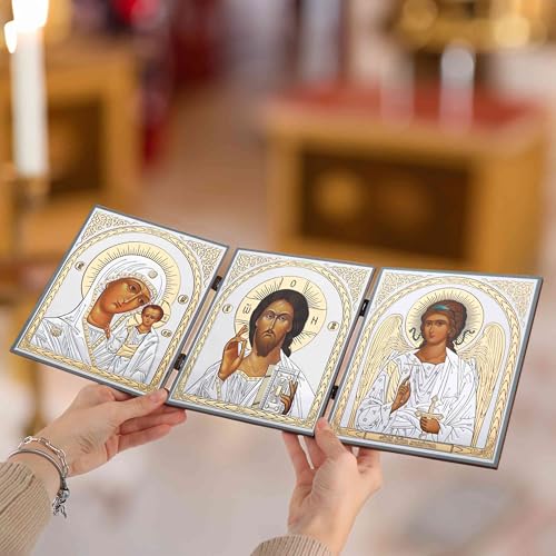 NKlaus - GM von Kazan & Jesus Christus & Schutzengel - Ikone Triptychon - 18x46cm - christliche 15911