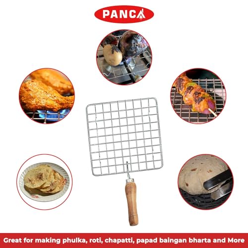 Image of AADHIK Papad Jali Roast With Spatula and Tong, Paneer Grill, Roti Maker, Barbeque Square Jali Roaster Chapati Toast Grill Wooden Handle Vegetable tandoor net, Baigan Bharta
