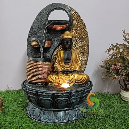 Image of Decorative Table Top Water Fountain for Home Decor /Office /Indoor & Outdoor /Garden /Puja Room /Vaastu with Multicolor LED Light and Adjustable Water Pump (3 Step Diya Buddha)