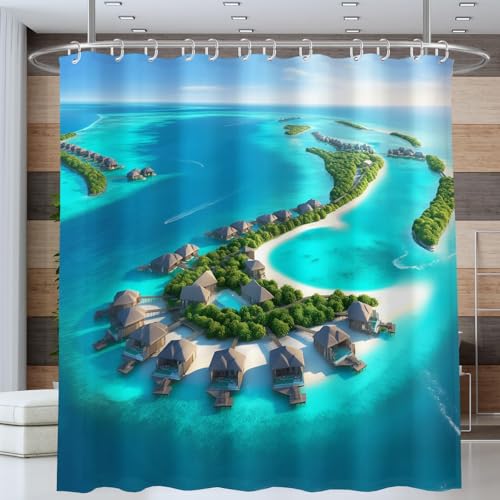 Rideau de douche plage et île en tissu polyester vert jade 180x180 cm - 3