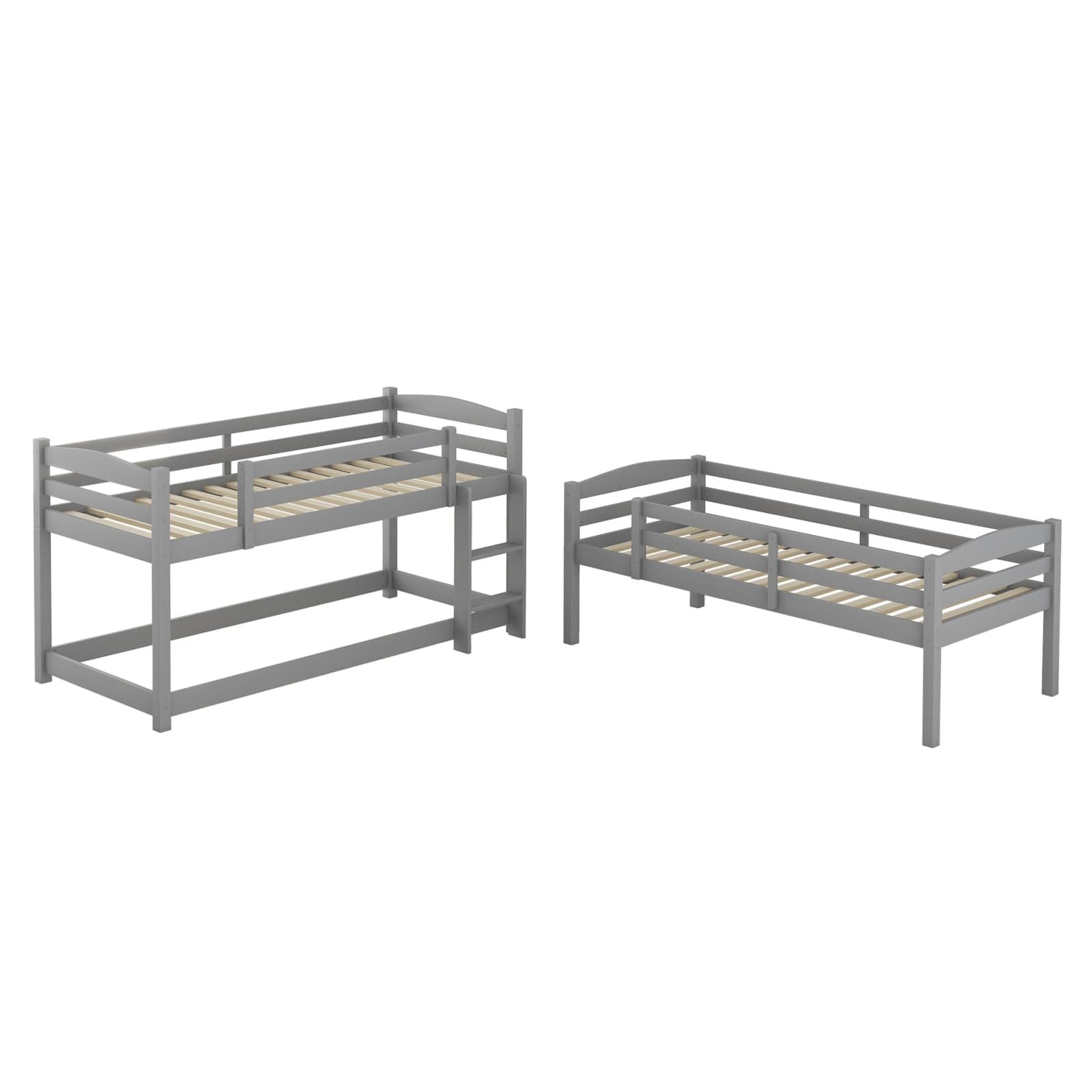 KOMHTOM Lit Superposé Triple en Bois avec 2 échelle Latérale, Cadre de lit Plateforme avec Clôture de Sécurité, Lit Simple, Support à Lattes(sans Matelas,90 x 200CM) (Gris)
