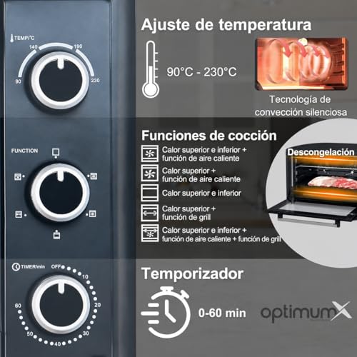 Miniatura 3 de Optimumx - Minihorno 60 L, Con Recirculación, 2200 W, Pincho Giratorio , Color Antracita