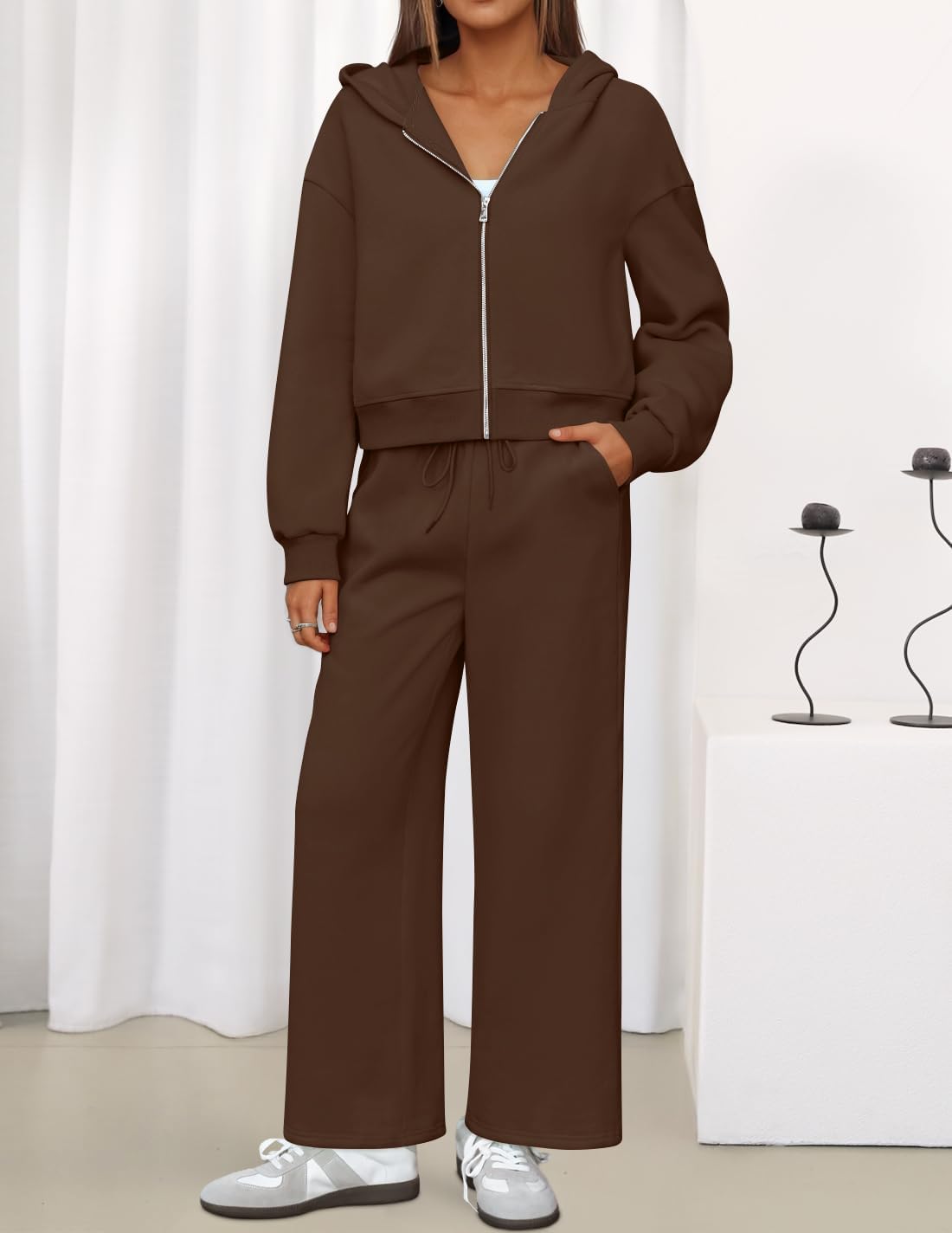 ZESICA Women's 2 Piece Outfits 2025 Spring Winter Fleece Hoodie Tracksuit Zip Up Sweatshirt Long Sweatpant Matching Set - Image 4