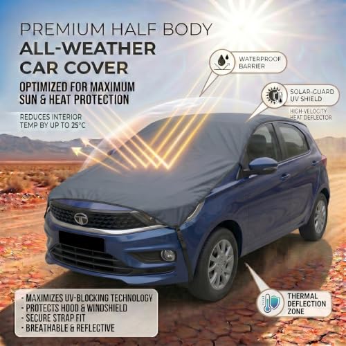 Image of Pivalo Half Car Body Cover for Hatchback Cars (All Models & Years) | 100% Waterproof Outdoor UV & Heat All Weather Protection | Triple Stitched 3 Layer with Adjustable Straps Cover (Grey)
