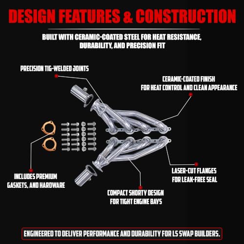 Image of LS Swap Ceramic Coated Shorty Headers High Performance Thermal Barrier Coating Block Hugger Exhaust Headers MLS & Copper Gaskets 2.5 Inch 3 Bolt Collectors Fits 4.8 5.3 6.0 LS1 LS2 LS3 S10 C10 K10