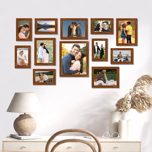 Image of Family Photo Frame Set of 12 for Wall Decor, Wooden Finish Collage Picture Frames for Living Room, Bedroom, Multi-Size Wall Hanging Gallery Frame Set, (7 Set 4x6, 4 Set 6x8, 1 Set 8x10 Inch)