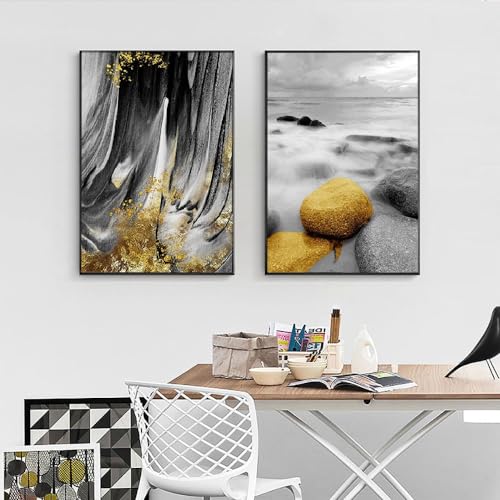 Art Mural Impression Toile Paysage Abstrait Pierres Dorées Eau Ciel Déco Bureau
