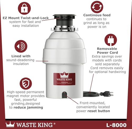 Image of Waste King Garbage Disposal for Kitchen Sink with Power Cord, Food Waste Disposer, L-8000