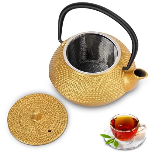 Agatige Metal Teapot, 300ml/10oz Stovetop Teapot Japanese Iron Kettle Gold Tea Kettle Brass Tea Kettle with Stainless Steel Removable Infuser, Boiling Kettle Stovetop Safe Tea Pot for Loose Leaf Tea