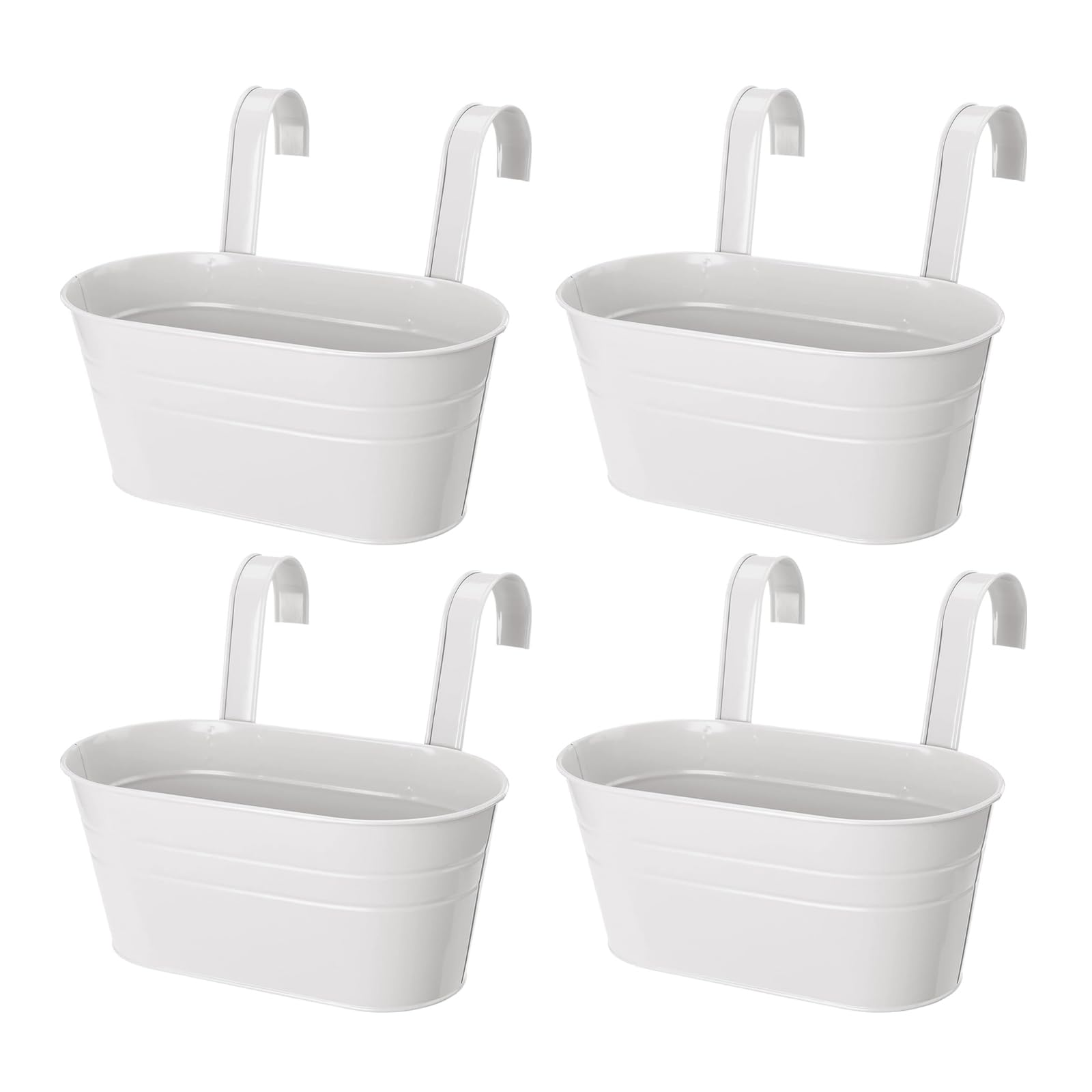 Hniuyun 4 Pcs Hanging Flower Pots, Metal Iron Plant Pots for Railing Fence Hanging Bucket Pots Window Flower Plant Holder with Detachable Hooks Garden Home Decor (White)
