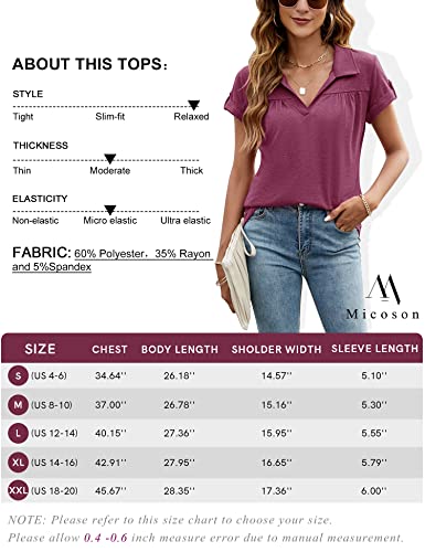 Micoson Women's Short Sleeve Collared Shirts Summer Tunic Tops For Work Casual Blouse Wine Red,2Xl #TOP5