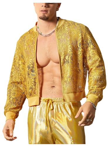 Image of WDIRARA Men's Floral Lace Bomber Jackets Long Sleeve See Through Outerwear