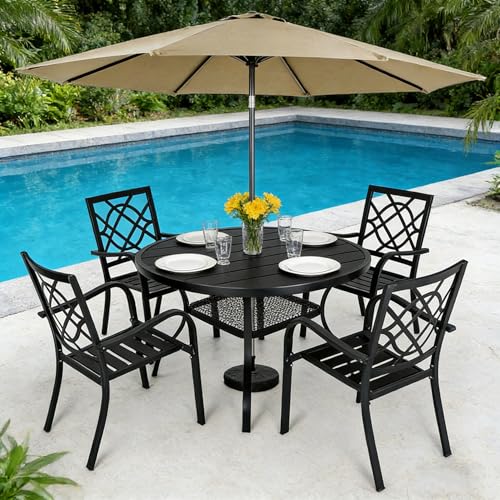 Image of SUNCROWN 6-Piece Outdoor Wrought Iron Chairs and Table Patio Dining Furniture Set - 4 Stackable Metal Chairs, 1 42 inch Round Bistro Table and 1 Brown 9Ft Patio Umbrella for Garden Backyard Deck