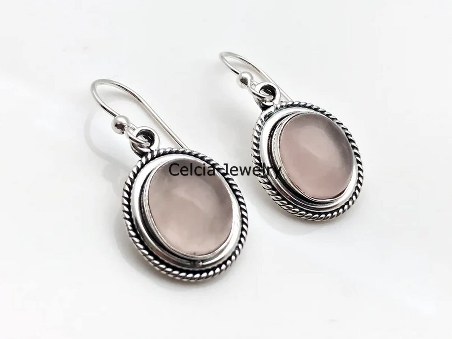 Pendientes colgantes de lágrima de plata de ley 925 maciza para mujer, piedra preciosa de cuarzo rosa genuina, hermosos pendientes hechos a mano con piedra natal de octubre