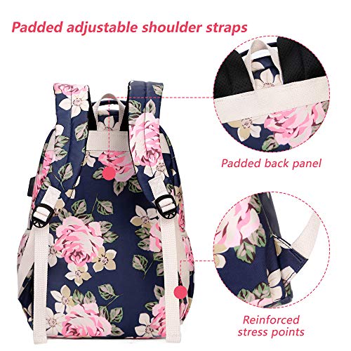 Image of Leaper Floral Backpack casual Bookbag Daypack USB Charging Port Dark Blue