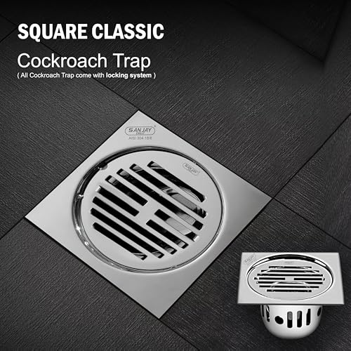 Image of Floor Drain with Cockroach Trap Cover Jali Stainless Steel 304 Grade Bathroom Gratings Waste Water Drainer Strainer Washbasin Sink Bathtub Toilet Anti Odor (Square Classic 6x6 INCH)