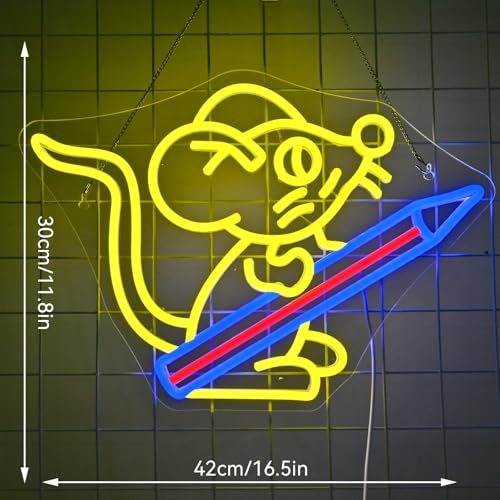 Image of Pencil Neon Sign for Wall Decor Pencil Mouse School Neon Light Back To School Gift Back To School Gift USB Powered Led Light for Classroom Kidroom Dorm Wall Bookshelf Decor 11.8 inch*16.5 inch
