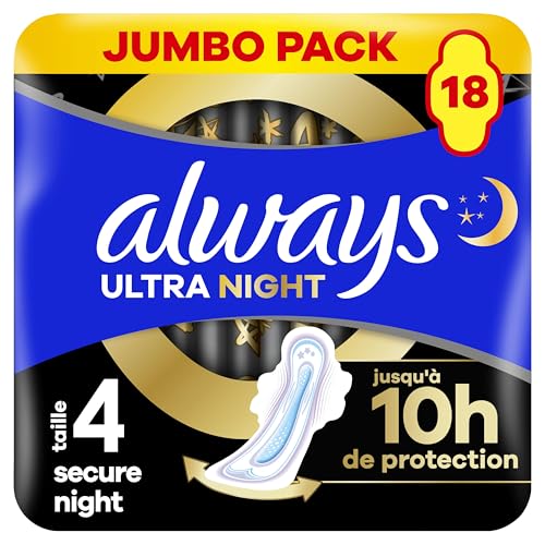 Always Ultra Serviettes Hygiéniques, Taille 4, Secure Night, 18 Serviettes Avec Ailettes, Flux Abondants Nuit, Max Confort, Super Absorbantes et Ultra Fines