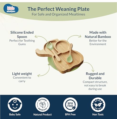 Image of Kids Station Elephant Wooden Feeding Plate with Spoon and Fork for Babies - Green | Eco-Friendly Self-Feeding Baby Tableware Set (3 pcs)