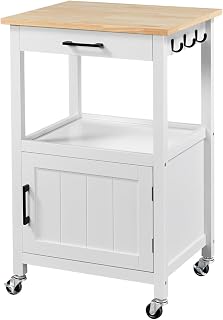 Yaheetech Kitchen Storage Trolley Cart, Kitchen Island on Wheels with Cabinet & Drawer & 3 Hooks, Rolling Serving Cart for Dining Room Living Room, White
