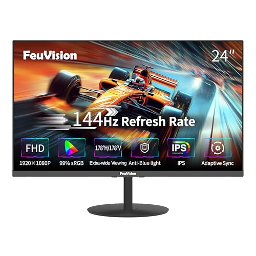 FeuVision 24 Zoll PC Monitor, 144Hz, FHD 1080p, Gaming Monitor, 4ms, IPS, VESA montierbar, Eye-Care, Rahmenlos Bildschirm, Blaulichtfilter, HDMI, DP