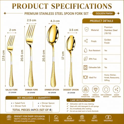 Image of Classic Gold 16 Pcs Stainless Steel Cutlery Set for Dining Table, Dishwasher Safe Glossy Flatware (Perfect Spoon Fork Set)