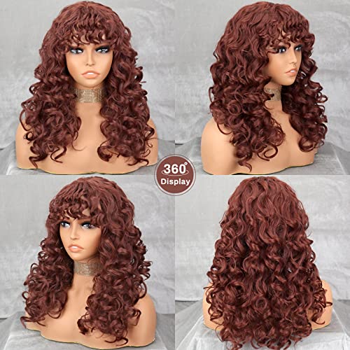 Xinran Long Ginger Afro Wigs For Black Women, Fluffy Curly Wavy Auburn Wig With Bangs, Afro Kinky Curly Big Bouncy Wig For Daily Use #TOP4