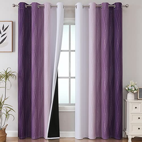 Estelar Textiler Purple and Greyish White Ombre Blackout Curtains 90 Inch Length 2 Panels Set,Thermal Insulated Drapes for Bedroom,Full Room Darkening Grommet Gradient Curtains for Living Room,52Wx90L