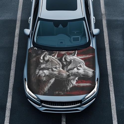 Image of American Flag Wolf Hood Wraps for Cars Hood Wrap Protector Washable Car Hook Elastic Fabrics Can be Washed Hook Wraps