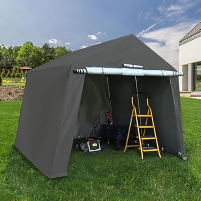 LVUYOYO 10'X10' Outdoor Storage Shelter Shed, Waterproof Portable Storage Shed with Roll-up Zipper Door and Ventilated Window, Heavy Duty Outdoor Shed Carport for Motorcycle, Bike, Garden Tools (Grey)