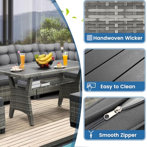 Image of KROFEM 6 Piece Patio Furniture Set, Dining and Conversation Set | UV Treated Wicker, Machine Washable Cushions, Seats 7, 2 Ottomans, 3 Sofa Section, Dining Table, Rustproof Frame, Grey