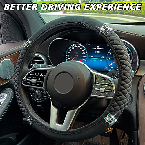 Beypovk Bling Soft Leather Steering Wheel Cover, 15 Inch Stretchy Colorful Crysta Rhinestones Car Steering Wheel Protector, Universal Car Interior Accessories For Women (Black) #TOP4