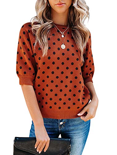 Huiyuzhi Womens Polka Dots Half Sleeve Pullover Sweater 3/4 Lantern Sleeve Round Neck Fall Knit Tops Orange #TOP21
