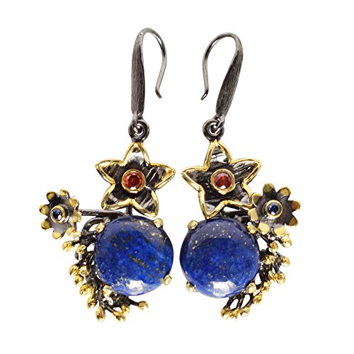 Boucles d'oreilles Lapis Lazuli et Saphir en argent rhodié noir pour femme