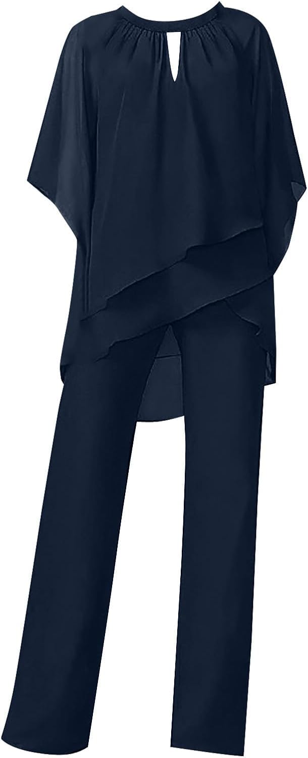 Traje de pantalón para mujer, elegante, para invitados de boda, traje formal de gasa de 2 piezas, talla grande, traje de fiesta de noche, traje de dos piezas, traje de pantalones para madre de la