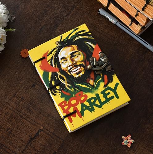 Image of Handmade Bob Marley Journal with Lock (5x7 Inches) | Recycled Paper Diary | Eco-Friendly Reggae Music Fan Notebook