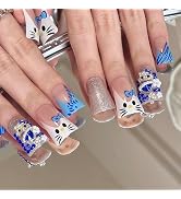 24 Pcs Short Duck Nails Press on - Y2k Nails 3D Duck Nail Tips Blue Mew Pattern Designs Acrylic N...