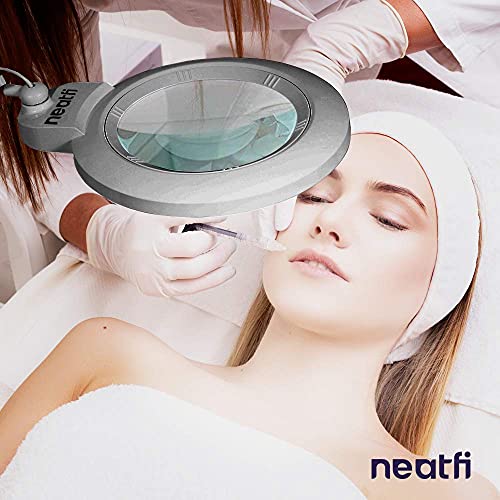 Image of Neatfi XL Bifocals 1,600 Lumens Super LED Magnifier Lamp with Clamp, Europe Plug, Large 7 Inches Acrylic Lens, 5 Diopter with 20 Diopter, Hands Free, Dimmable,16W, 84 PCS SMD LED (Silver)