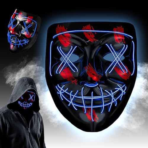 Máscara de Halloween LED, Máscara LED con 3 modos de luz, Máscara de terror LED, máscara de neón, LED Purge Máscara en la oscuridad, para Halloween, carnaval, fiesta, cosplay decoración (Azul)