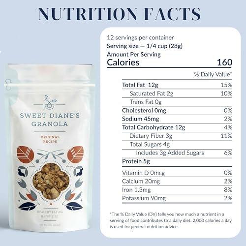 Image of Sweet Diane's Granola - Standard Size (12 oz): Organic, Low-Sugar, High-Fiber, Gluten-Free, Vegan, Delicious Breakfast and Snack Topper (Classic Size, Original Recipe)