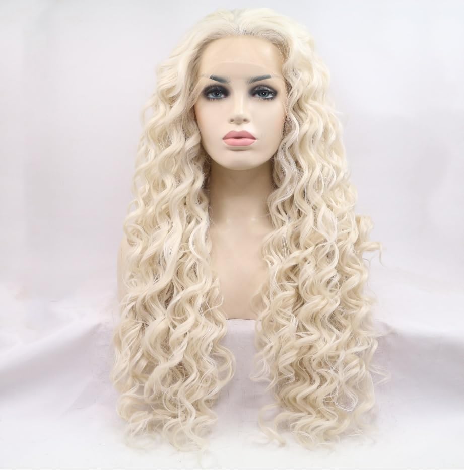 xiweiya Platinum Blonde Curly Wig Long Natural Wave Curly White Blonde Synthetic Lace Front Wig Blonde Wig Heat Resistant Fiber Hair 180% Density Wig for Woman 26inch - Image 2