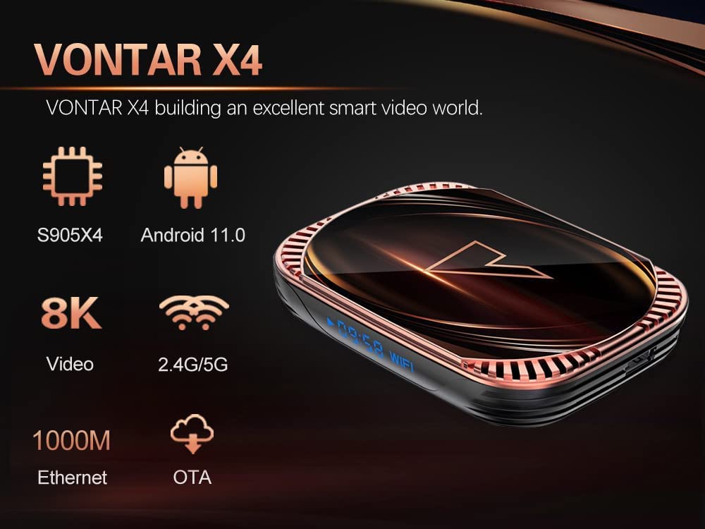 Boîtier TV Android 11.0, S905X4 Quad-Core 64 Bits Cortex-A53, Boîtier Android avec 2,4 Ghz/5,0 Ghz WiFi 100/1000M Ethernet, Prise en Charge H.265/3D/4K Ultra HD/BT 5.0/HDMI 2.0 Smart TV Box,4gb+128gb