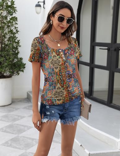 Womens Tops Short Sleeve Summer Henley Shirts Scoop Neck Ruched Blouses Dressy Casual Tunics Loose Fit Tops 2025 Trendy2