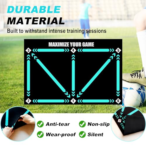 ECENUR Football Footstep Training Mat, Soccer Training Mat 35 * 24IN, Soccer Skills Training Equipment with Storage Bag and Soccer Return Trainer Net (Black-Blue) — view 3